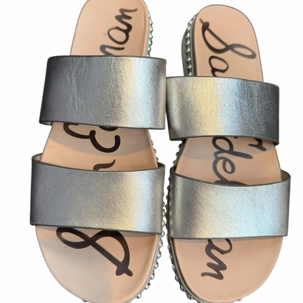 Sam Edelman Silver Metallic Double-Band Slide Sandals - Picture 2 of 5